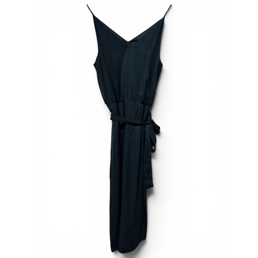 H&M Womens Navy Blue Satin V-Neck Midi Dress Spaghetti Strap Tie Waist‎ NEW
